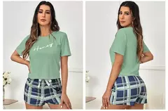 Imagem do Conjunto pijama xadrez feminino, top e shorts casuais de manga curta, pijamas femininos, pijamas para casa, loungewear, 2 peças, verão, 2024