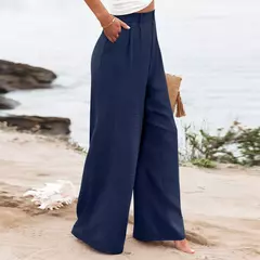 Calça larga de linho de algodão feminina, comprimento total, casual, monocromática, solta, cintura alta, reto, botão, verão na internet
