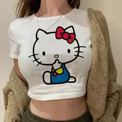 Camiseta estampada Hello Kitty para mulheres, manga curta, algodão de imitação, branco, tendência de menina, camiseta fofa, fina, tops com gola redonda, moda - loja online
