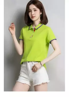 Imagem do Camisa polo feminina de algodão solto, manga curta, blusa esportiva casual com lapela, camisa de negócios preto e branco, verão feminino