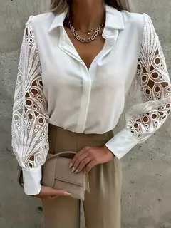 Elegante blusa sólida de chiffon feminina, camisa casual de manga comprida, camisa solta com decote V, túnicas de senhora do escritório, tops grandes, primavera, verão, 2024 - Wolf Magazine