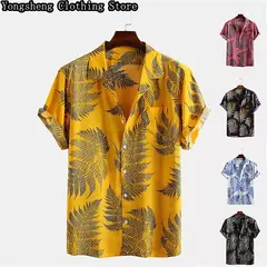 Camisa casual de seda gelo estampada manga curta masculina, site independente, roupas de férias havaianas, venda quente