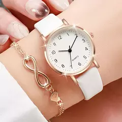 Relógio de couro branco feminino, relógio de quartzo simples com bracelete coração amor, conjunto 2 peças na internet