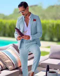 Terno de linho de peito único masculino, casaco casual, desgaste formal do trabalho, jaqueta, calças, slim fit, negócios, casamento, noivo, verão, 2 peças - comprar online