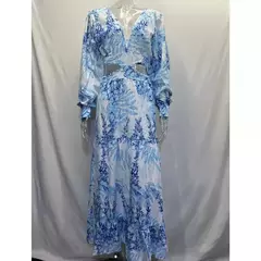 Primavera novo vestido longo moda impressão sexy profundo decote em v vestido de manga comprida feminino elegante oco para fora plissado emendado maxi vestido - comprar online
