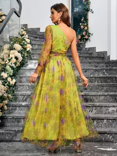 Vestido de noite tie-dye de um ombro feminino, vestido de baile formal, mangas de bolha de malha, bainha dividida, elegante - comprar online