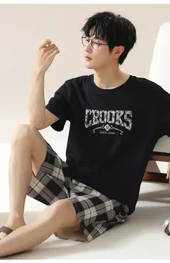 Conjunto de pijama de algodão fino masculino, shorts de manga curta, roupa caseira, verão, novo, 2022