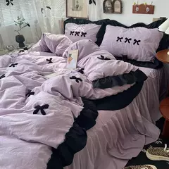 Conjunto de cama estilo princesa coreano para meninas, capa de edredão kawaii, arco preto, lençol macio para a pele, saia de cama, fronhas - comprar online