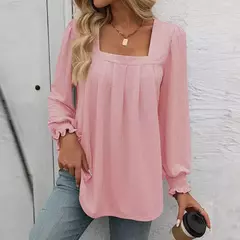 Camiseta feminina casual de manga comprida com gola quadrada, mangas folhada, design plissado, tops de pulôver, camisetas na moda