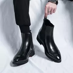 Men's Red Sole PU Ankle Chelsea Boots, Business Round Toe Slip-On Shoes - loja online