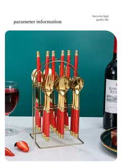 Louça de aço inoxidável com contas duplas, Rack com alça de plástico, faca de bife, garfo e colher, presentes high-end, 24PCs