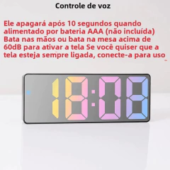 Despertador digital colorido com controle de voz, display de data e temperatura, modo noturno, função anti-despionagem, relógio led 12/24h