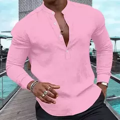 Cardigã meio monocromático de manga comprida masculino, blusa com gola Henley, camisa rosa casual, férias havaianas, verão, 2023