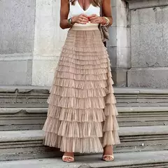 MOUKYUN-Saias Longas Plissadas das Mulheres, Ruffles Design, Malha Sexy Elegante, Saias Soltas de Renda, Patchwork Gaze, Traje de Festa, Sólido na internet