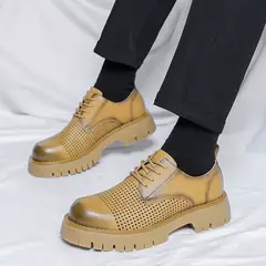 Plataforma de couro coreana Oxfords para homens, deslizamento, fundo grosso, sapatos masculinos de derby, mocassins casuais, dedo do pé quadrado, sapatos formais - loja online