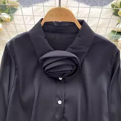 Elegante cetim tridimensional flor manga longa lapela blusa chique vintage moda colheita topo feminino camisas de outono roupas na internet