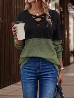 Camisas femininas coloridas com decote v, camiseta de manga comprida, tops casuais da moda, pulôver primavera e outono - Wolf Magazine