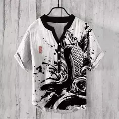 Camiseta casual de manga curta estampada masculina, camisa Henry estilo japonês