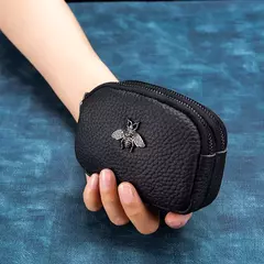 Imagem do Mulheres couro de vaca com zíper duplo Carteiras Bolsa, Bee Cartão Hole Bag, Batom Case, Couro Mini fone de ouvido Coin Purse, feminino