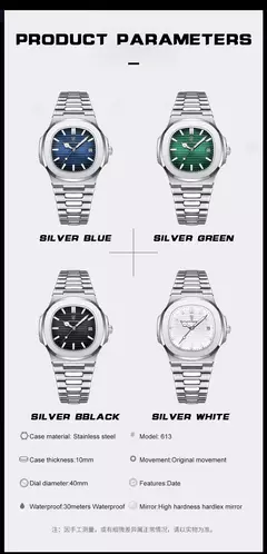 Imagem do Poedagar-Relógio Quartz de Luxo Masculino, Relógio de Negócios Impermeável, Relógio Masculino, Data Luminosa, Aço Inoxidável, Quadrado, Novo, 2022