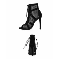 Imagem do Nova Moda Show Preto Tecido Net Cross Strap Sexy Sandálias De Salto Alto Mulher Sapatos Bombas Lace-up Peep Toe Sandálias Casual Malha