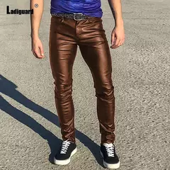 Calça masculina sexy de couro PU, calça clubwear, calça justa de festa, calça falsa preta vermelha, estilo americano e europeu, moda, 2023 - Wolf Magazine