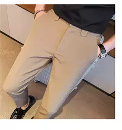 Calça de cintura elástica cor sólida para homens, calça casual slim fit, vestido de festa social, roupas de negócios de alta qualidade - comprar online
