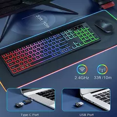 Imagem do Combo de teclado e mouse sem fio, retroiluminado RGB, letras iluminadas recarregáveis, tamanho completo ergonômico, modo de suspensão, 2,4 GHz