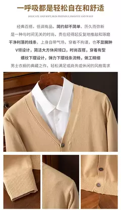 Casaco de caxemira merino masculino, cardigã com decote em v, cor sólida, casaco de malha acolchoado, quente, casual, outono, inverno, 100%, 2024 - loja online