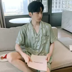 Imagem do Conjunto de pijama de seda fino masculino, manga comprida e calça curta, pijama, calça para dormir
