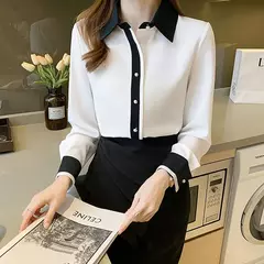 Imagem do H Han Queen-blusa feminina de escritório com fivela de pérola, camisa manga comprida, tops casuais soltos, cor de contraste, feminino, outono
