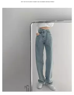 Jeans vintage drapejado de cintura alta feminino, calças de perna reta, jeans drapejado solto - Wolf Magazine