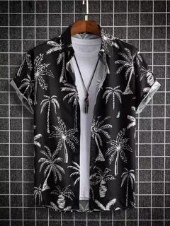 Imagem do Camisa de lapela masculina de manga curta, estilo havaiano, padrão tropical de coqueiro, tops grandes, férias de verão