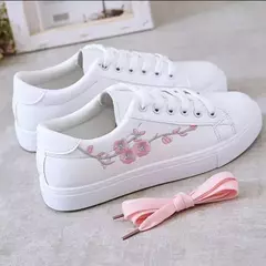 Imagem do Tênis de corrida respirável para mulheres, flor bordada, tênis casual com renda, branco, nova moda, primavera e outono, 2024