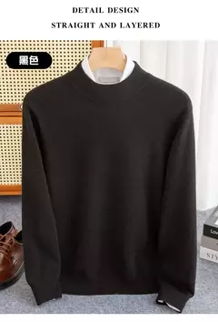Pulôver de malha de lã de gola meia alta masculino, suéter quente de cor sólida, blusa casual de negócios 100% lã, outono inverno - loja online
