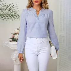 Camisa listrada multicolorida feminina, decote em v, colarinho branco, colarinho branco, moda trabalho, manga comprida, estilo viajante, novo, verão na internet