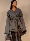 Casaco vintage feminino com cinto, cardigã solto casual, jaqueta à prova de vento, casacos monocromáticos, cinza, decote em v, nova moda