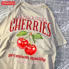 Camisetas femininas de estampa de cereja colhidas a mão, camisetas de algodão, gola redonda grande, manga curta macia, roupas femininas de rua, moda - Wolf Magazine
