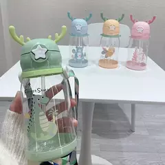 Garrafa de água Deer Horn para crianças, grande capacidade, copo de palha de plástico, estudante, menina kawaii, crianças, desenhos animados, 500ml