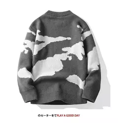 Suéter de malha com padrão de nuvens masculino, suéteres de casal, gola redonda, manga comprida, pulôver Harajuku masculino, casual, fofo, outono, 2023