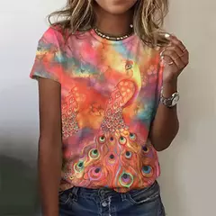 Imagem do Lindo pavão padrão camiseta para mulheres flor colorida 3d impresso t camisas moda solta camisetas mangas curtas em torno do pescoço topos