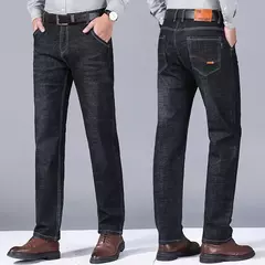 Calça jeans solta reta com elásticos, justa, elástica, calça casual, jeans, azul, preta, streetwear comercial para homens na internet