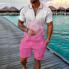 Conjunto de camisa polo e shorts masculino casual de manga curta com zíper gola v, moda verão, 2 peças, 2023 na internet