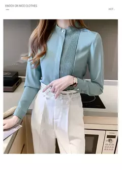 Imagem do Primavera verão moda cor sólida camisa feminina de manga longa comutando irregular botão chiffon topo feminino camisa branca das mulheres c028