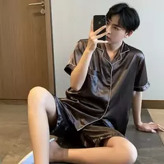 Pijama de seda gelo masculino, shorts de manga curta, roupa de manga fina, cor sólida, terno doméstico tamanho grande, várias cores disponíveis, verão na internet