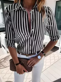 Camisas listradas soltas para mulheres, blusas vintage de grandes dimensões, tops femininos elegantes, moda casual, jovem, outono, 2023