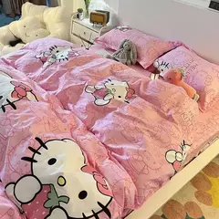 Olá Kitty Queen Size Conjunto de cama, colcha, folha plana e fronhas, Pink Princess Dorm Suit, desenhos animados bonitos, 4 pcs por conjunto