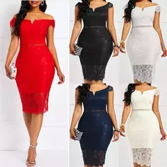 Vestido de noite em renda para mulheres, manga curta, decote em v, Off-the-ombro, comprimento médio, bolsa, quadril, sexy, europeu e americano, 2024