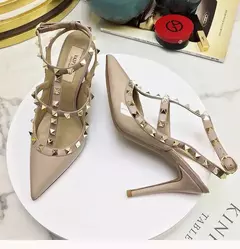 Imagem do Salto alto clássico em couro genuíno para mulheres, sandálias rebite, bombas pontiagudas, preto, fino, festa, casamento, verão, moda, 2024