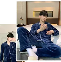 Pijama de flanela espessa de manga comprida forrado de lã quente masculino, pijama caseiro casual para jovens, inverno na internet
